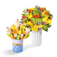 Unicorn Fruit Bouquet and Flowers Gift Bundle